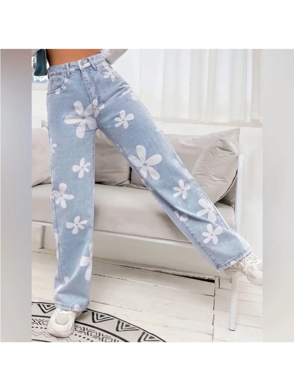 Flying Angel Floral Print Light Blue Wide Leg High Rise Jeans, Size 30 - Picture 2 of 8